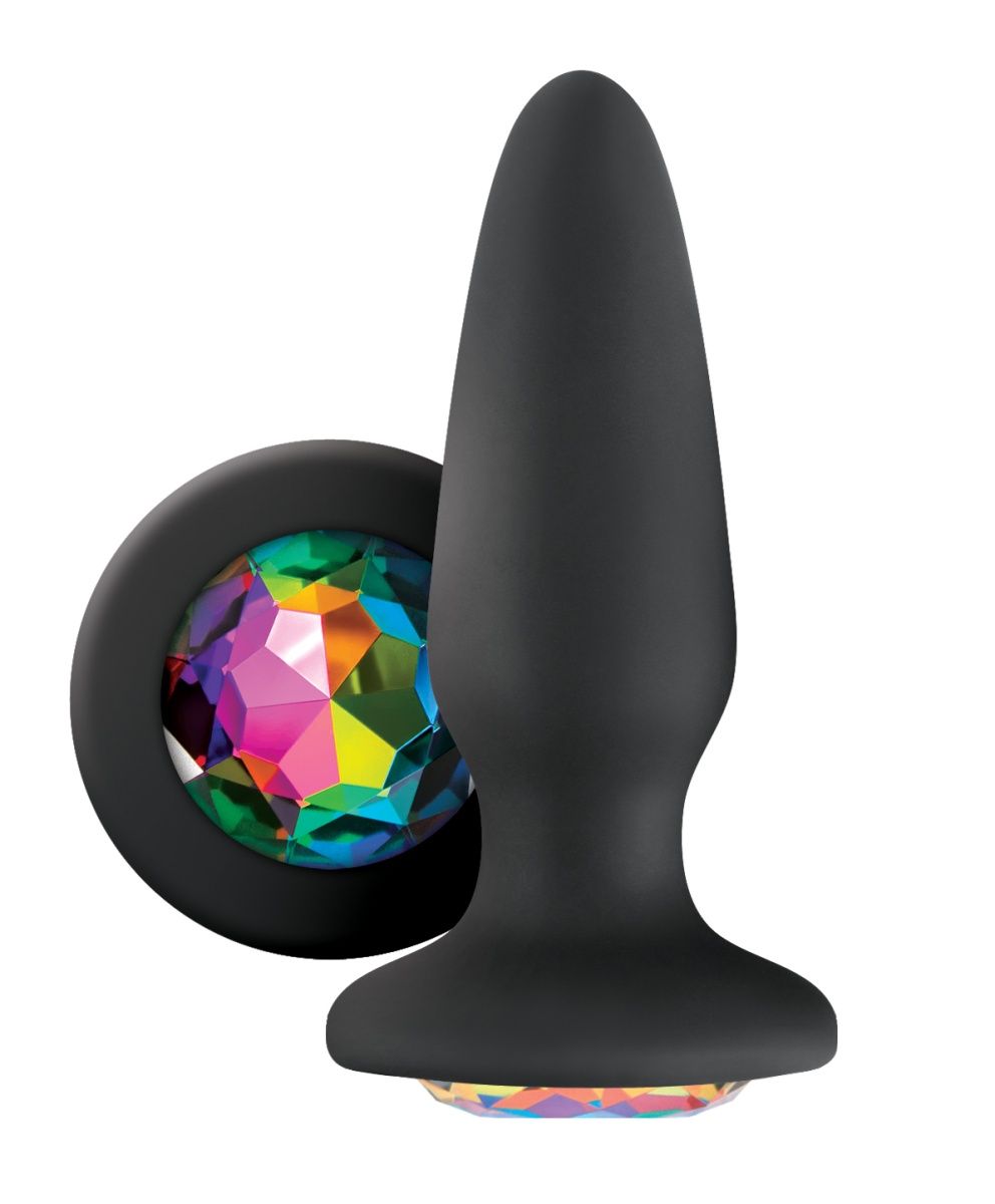 Черная силиконовая анальная пробка с радужным кристаллом Rainbow Gem - 10,4 см.