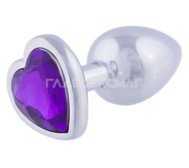 Серебристая анальная пробка с фиолетовым кристаллом-сердцем - 7 см.