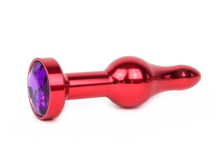 Удлиненная шарикообразная красная анальная втулка с кристаллом фиолетового цвета - 10,3 см.