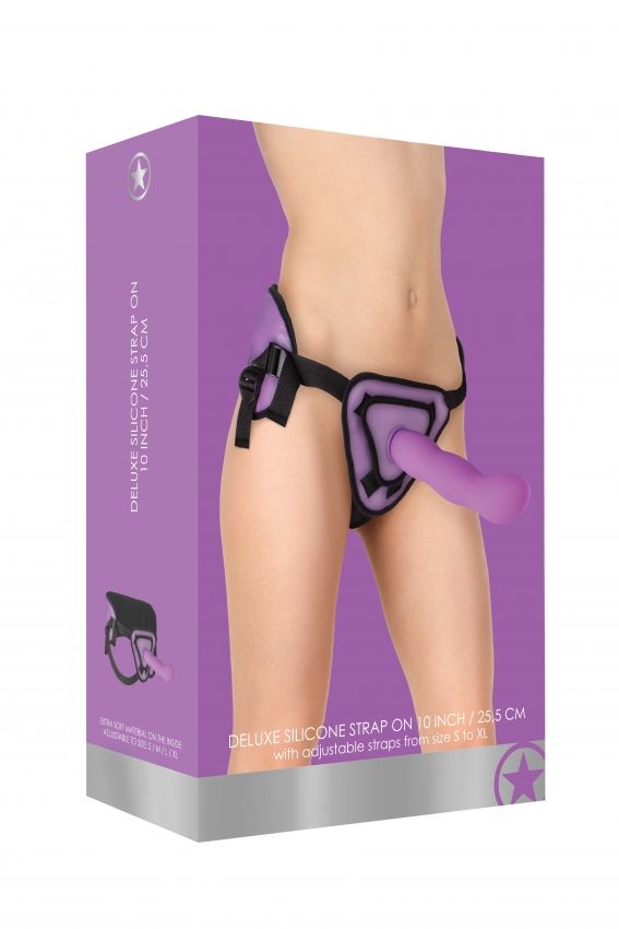 Фиолетовый страпон Deluxe Silicone Strap On 10 Inch с волнистой насадкой - 25,5 см.