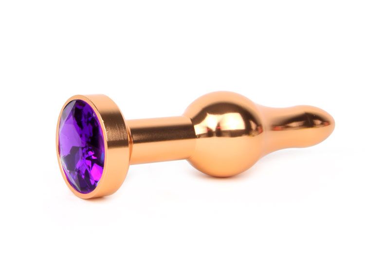 Удлиненная шарикообразная золотистая анальная втулка с кристаллом фиолетового цвета - 10,3 см.