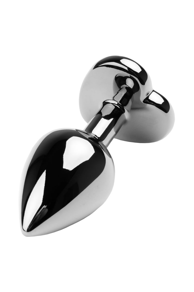 Серебристый анальный плаг с черным кристаллом-сердцем - 8,5 см.