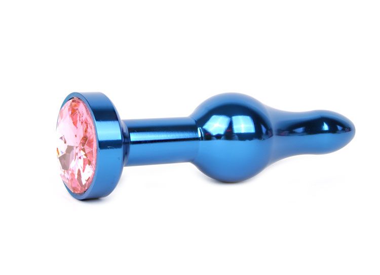 Удлиненная шарикообразная синяя анальная втулка с розовым кристаллом - 10,3 см.