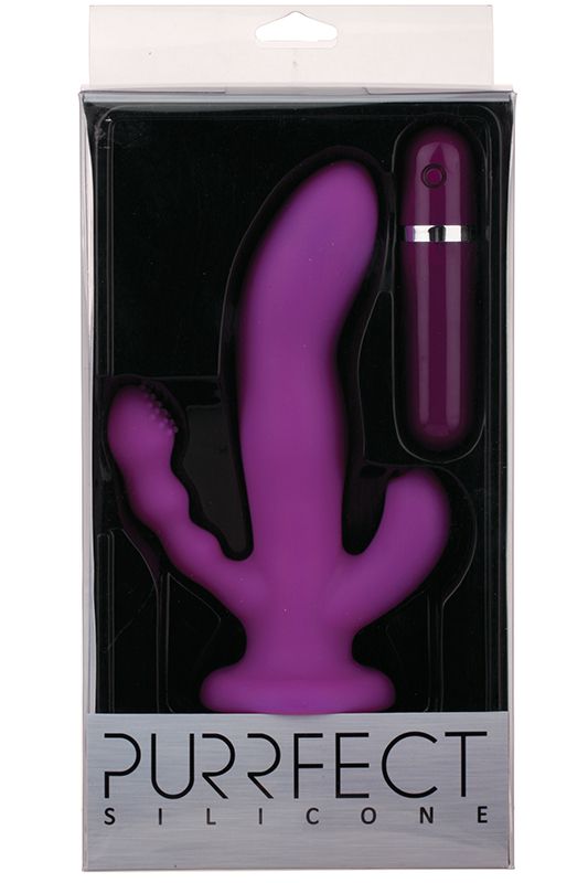 Фиолетовый вибратор с двумя дополнительными отростками PURRFECT SILICONE 3WAYS VIBRATOR 6.5INCH - 17 см.