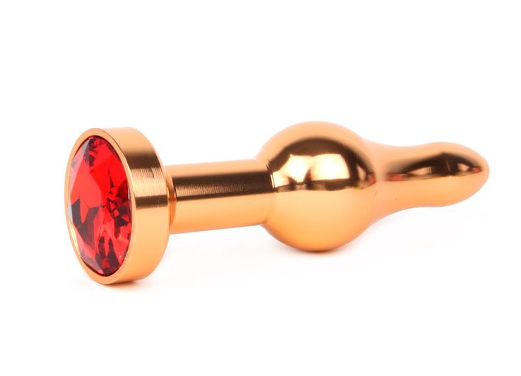 Удлиненная шарикообразная золотистая анальная втулка с красным кристаллом - 10,3 см.