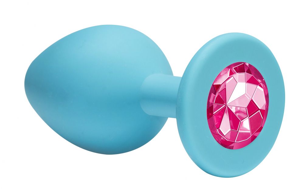 Малая голубая анальная пробка Emotions Cutie Small с розовым кристаллом - 7,5 см.
