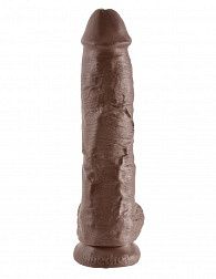 Большой коричневый фаллоимитатор с мошонкой 10  Cock with Balls на присоске - 25,4 см.